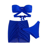 Blue Bandeau Swimwear Mesh Cover Up Three Piece Bikinis Sets