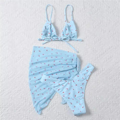 Blue Floral Print String Triangle 3 Piece Bikini Set