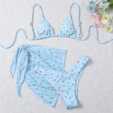 Blue Floral Print String Triangle 3 Piece Bikini Set
