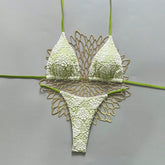 Blue Green Lace Patchwork Micro Bikini Halter Push Up Bra Thong Swimsuit Beach Bathing Suit Vacation Swimwear