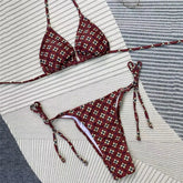 Brown Floral Print String Halter Triangle Bikini Micro Thong Swimsuits Swimwear Bathing Suit Bikinis Sets