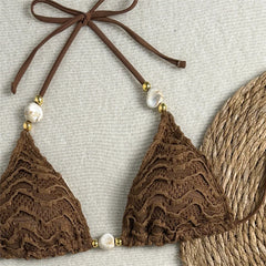 Brown Lace Mesh Swimwear Triangle Halter Bead String Bikinis Sets