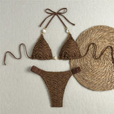 Brown Lace Mesh Swimwear Triangle Halter Bead String Bikinis Sets