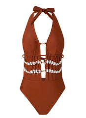 Brown Lace Patchwork Swimwear Pearls Hollow Out V Neck Backless Bathing Suit Beach Holiday One Piece Swimsuit