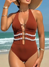 Brown Lace Patchwork Swimwear Pearls Hollow Out V Neck Backless Bathing Suit Beach Holiday One Piece Swimsuit