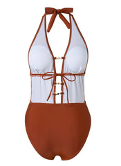 Brown Lace Patchwork Swimwear Pearls Hollow Out V Neck Backless Bathing Suit Beach Holiday One Piece Swimsuit