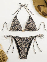 Brown Leopard Print Bikini Metal Starfish Pleate Push Up Tie Side Thong Swimsuit Beach Bathing Suit Swimwear
