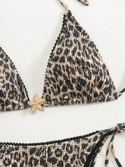 Brown Leopard Print Bikini Metal Starfish Pleate Push Up Tie Side Thong Swimsuit Beach Bathing Suit Swimwear