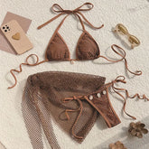 Brown Mesh Swimsuit Cover Ups Triangle String Micro Bikini Thong Halter Swimwear Bathing Suit 3 Piece Bikini Set