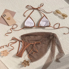 Brown Mesh Swimsuit Cover Ups Triangle String Micro Bikini Thong Halter Swimwear Bathing Suit 3 Piece Bikini Set