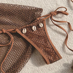 Brown Mesh Swimsuit Cover Ups Triangle String Micro Bikini Thong Halter Swimwear Bathing Suit 3 Piece Bikini Set
