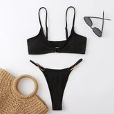 Brown Ribbed Swimwear Micro Thong Bikinis Sets