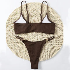 Brown Ribbed Swimwear Micro Thong Bikinis Sets