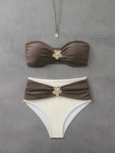 Coffee Patchwork Swimwear Metal Flower Pleate Push Up High Waist Bikini Set