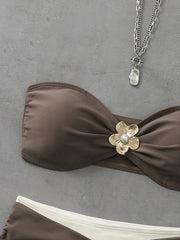 Coffee Patchwork Swimwear Metal Flower Pleate Push Up High Waist Bikini Set
