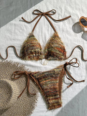 Coffee Striped Micro Bikini Towel Cloth Circle Push Up Bra Tie Side Thong Swimsuit Bathing Suit