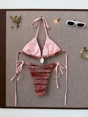 Coffee Striped Micro Bikini Towel Cloth Circle Push Up Bra Tie Side Thong Swimsuit Bathing Suit