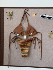 Coffee Striped Micro Bikini Towel Cloth Circle Push Up Bra Tie Side Thong Swimsuit Bathing Suit