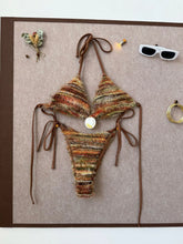 Coffee Striped Micro Bikini Towel Cloth Circle Push Up Bra Tie Side Thong Swimsuit Bathing Suit
