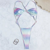 Color Shiny Bikini Swimsuit One Piece Swimwear String Thong Backless Monokini High Cut Bathing Swimming Suits Wear