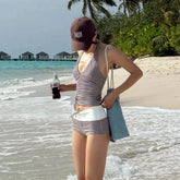Deep V Push Up Tummy Control High Waisted Backless Checkered Boy Shorts Two Piece Swimsuit Fashion