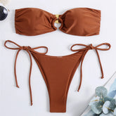 Diamond Ring Brown Ruched Swimwear Bandeau Bikinis Sets