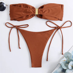 Diamond Ring Brown Ruched Swimwear Bandeau Bikinis Sets