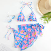 Flower Print Low Waist Swimsuit 3-Piece Bikini Triangle Cup V-neck Suspender Backless Beach Bathing Suit 2026