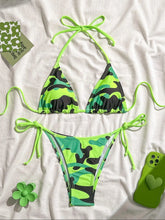 Green Camouflage Print Micro Bikini Halter Push Up Tie Side Thong Swimsuit Brazilian Beach Bathing Suit Swimwear