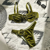 Green Velvet 3D Flower Swimwear Push Up Bikinis Sets