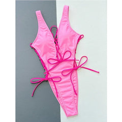Hollow Out Swimwear Pink V-neck One Piece Bikini Bandage Cross Drawstring Monokini Suspender Backless Beachwear