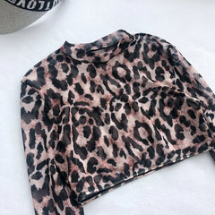 Leopard Print Swimwear with Mesh Crop Tops Micro Thong Bikinis Set