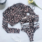 Leopard Print Swimwear with Mesh Crop Tops Micro Thong Bikinis Set