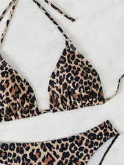 Leopard Print Two Piece Swimsuit Halter Push Up Bra Backless High Waist Bikini Set