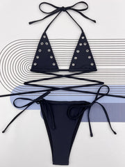 Metal Button Micro Bikini Black Halter Push Up Bandage Cross Thong Swimsuit Beach Holiday Bathing Suit Swimwear