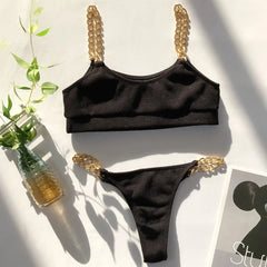 Micro Bikini Solid Black Push Up Bra Chain Metal Strap Swimsuit Brazilian Beach Bathing Suit Thong Swimwear Biquini