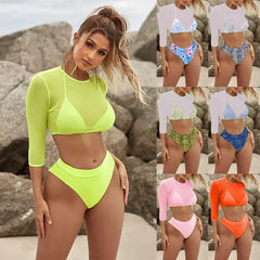 Neon orange Bikini Long Sleeve Mesh Cover Up 3 Piece Swimsuit High Cut Push Up Bathing Suit high waist Swimwear