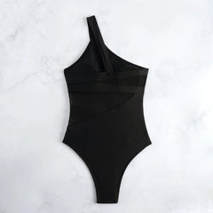 One Shoulder Swimwear Black Mesh See Through Slim Tummy Control One Piece Swimsuit Beach Holiday Bathing Suits