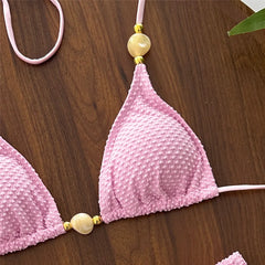Pink Bead String Halter Triangle Bikinis Sets