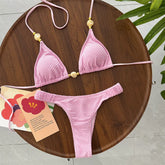 Pink Bead String Halter Triangle Bikinis Sets