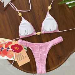 Pink Bead String Halter Triangle Bikinis Sets