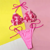 Pink Flower Swimwear Triangle Halter String Micro Bikini Thong Swimsuit Mesh Petal Bathing Suit Bikinis De Mujer
