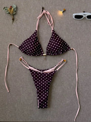 Pink Polka Dot Print Patchwork Micro Bikini Halter Push Up Bra Triangle Swimsuit Bathing Suit Swimwear