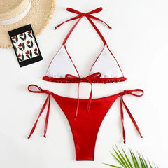Red Shiny Triangle Micro Thong Bikinis Sets