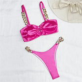 Rose Red Satin Swimwear Bandeau Metal Ring Bikinis Sets
