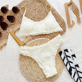 Ruffled Edge White High Waisted Bikinis Sets