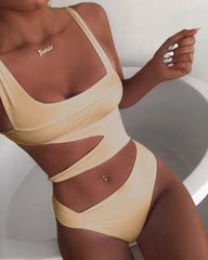 Solid Black One Piece Swimsuit Beach Leopard Push Up Tummy Control Swimwear Cut Out Bathing Suit High Waist Swimwear