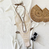 String Halter Backless Swimwear One Piece Swimsuit Hollow Out Monokini Beige Texture Bathing Swimming Suit Wear