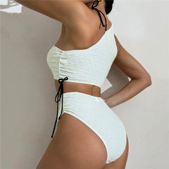 White High Waist Swimwear String Lace Up Bikinis Sets