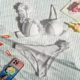 White Mesh Flower Push Up Bikinis Sets